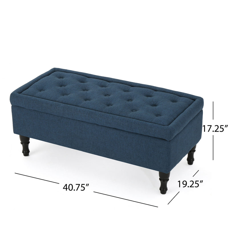 Hyatt - Suede Storage Ottoman With Tufted Top And Dark Wooden Legs - Navy Blue