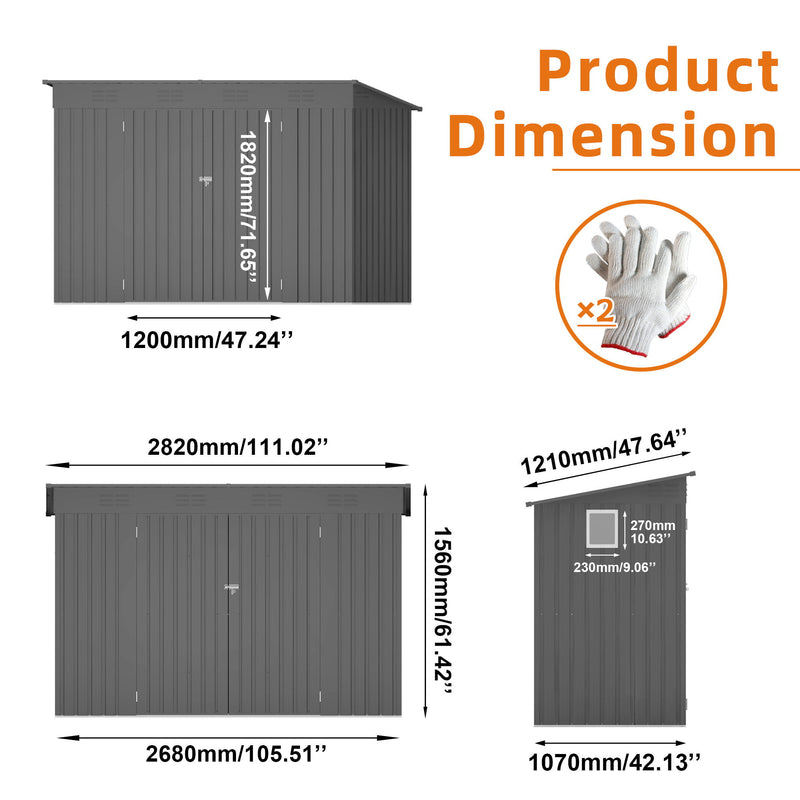 Outdoor Storage Shed 4 X 9 Ft With Sloping Roof And Vents For Garden And Patio - Gray