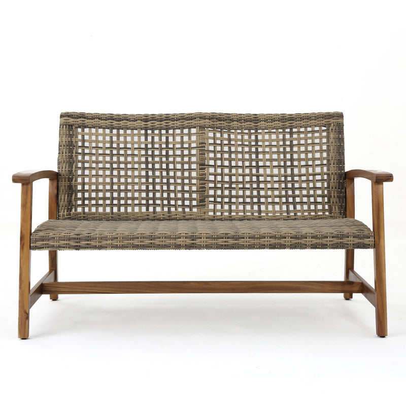 Outdoor Rattan Loveseat With Wooden Legs - Brown
