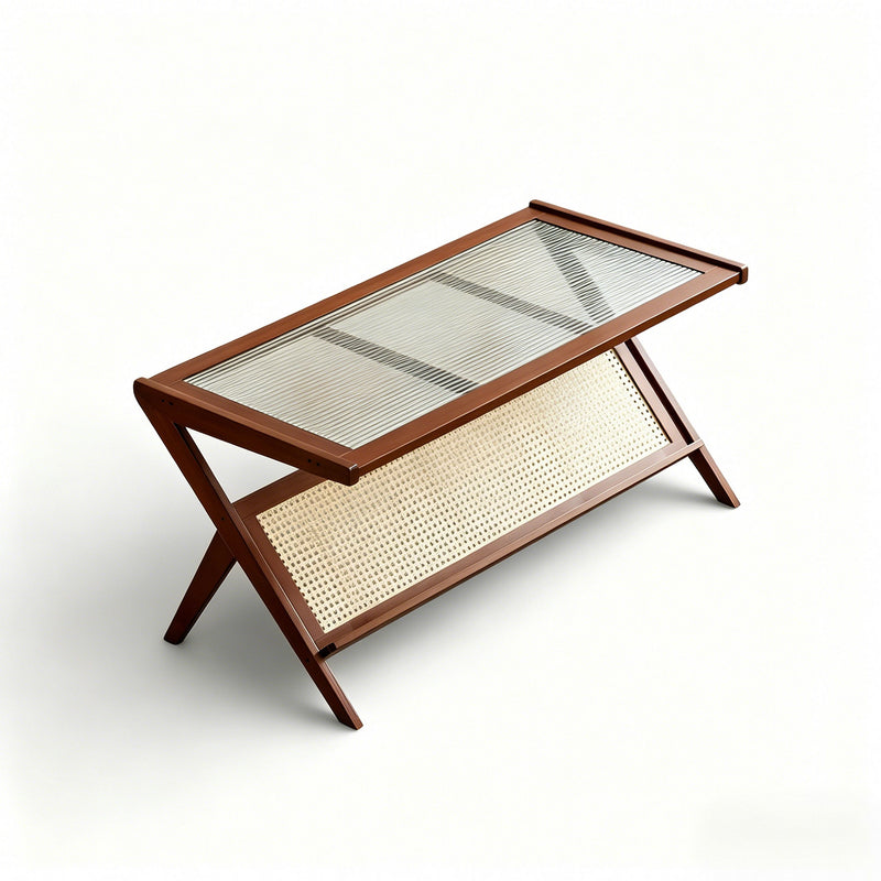 Rattan Coffee Tables For Living Room, Mid Century Modern Coffee Table With Glass Top, Large Boho Center Table With Storage - Brown
