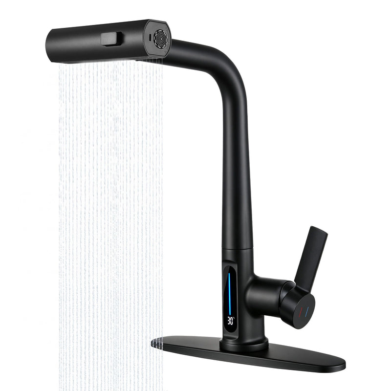 Matte Black Pull-Out Kitchen Faucet With Sprayer, Kitchen Sink Faucet With 3 Spray Modes, Battery-Free LED Temperature Display, 360 Degrees Swivel Spout, Fits 1 Or 3 Hole Sink