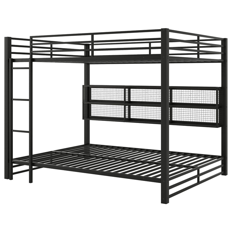 Queen Over Queen Bunk Bed With Storage Cabinets And LED Sturdy Frame, 6 Storage Units, Adjustable LED Lights - Black