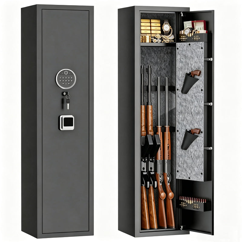 Rifle Safe, Biometric & Keypad Lock, Adjustable Gun Racks With Built In Alarm System