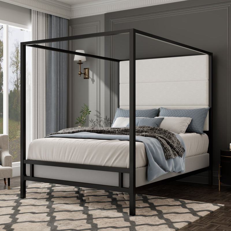 Modern Canopy Bed With Tall Upholstered Headboard