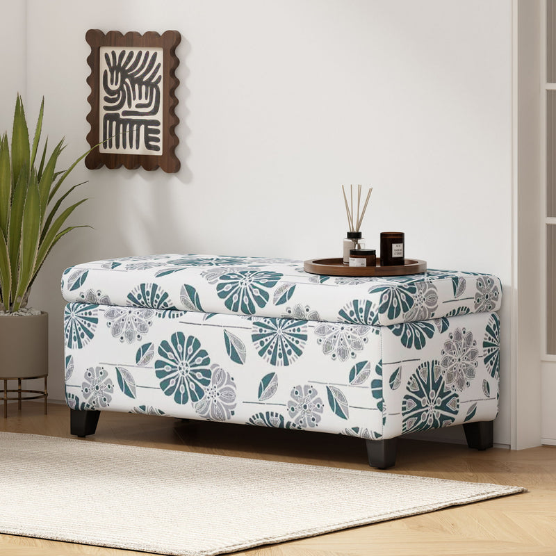 Luxury Storage Ottoman With Floral Patterned Fabric, Soft-Close Hinges, Multi Functional