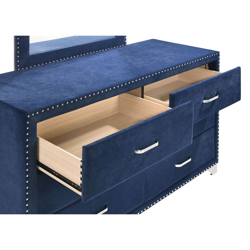 6 Drawer Upholstered Dresser With Mirror - Blue