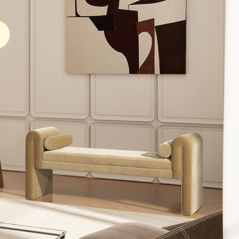 Mason - Arched Arm Bench With Bolster Pillows - Camel Brown Beige