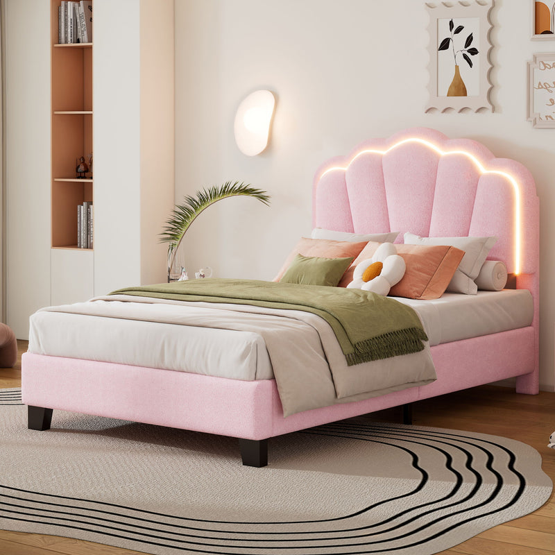 Upholstered Elegant Flowers Headboard With LED Light Strip, Platform Bed With Slats Support