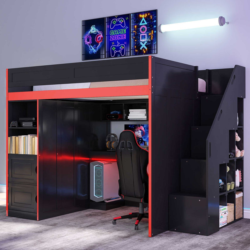 Gaming Loft Bed With Desk And Storage, LED Lights, Full - Black