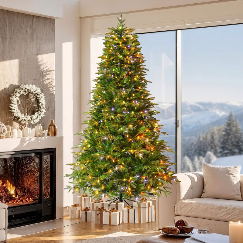 7.5Ft Premium Life Like Full Flocked Christmas Tree With Stand, Fire Resistant Tips, Warm & Colorful LED Lights - Green