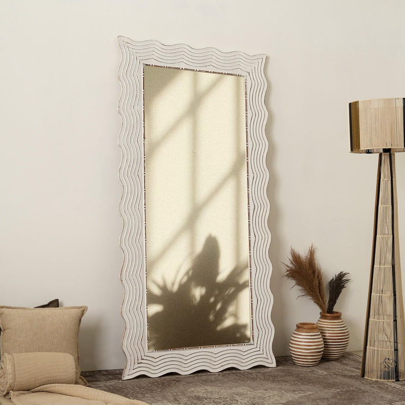 Handcarved Wave Design Rectangle Mirror Accent Enhancing Space - Antique White