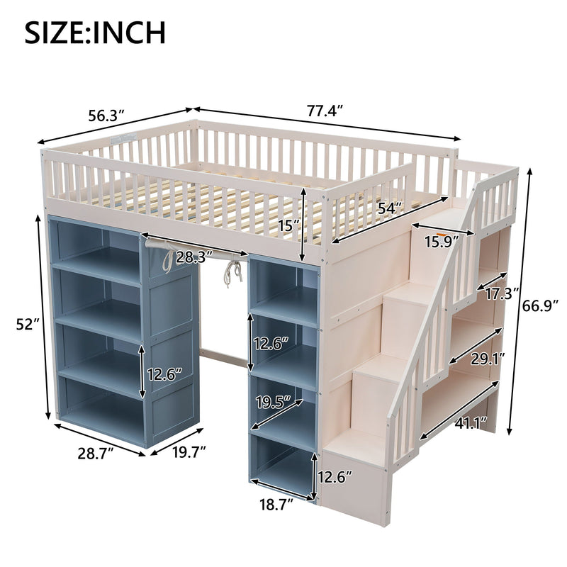 Full Size Loft Bed With 2 Four Layer Storage Cabinets And Curtain With Built In Staircase And Privacy Curtain - White