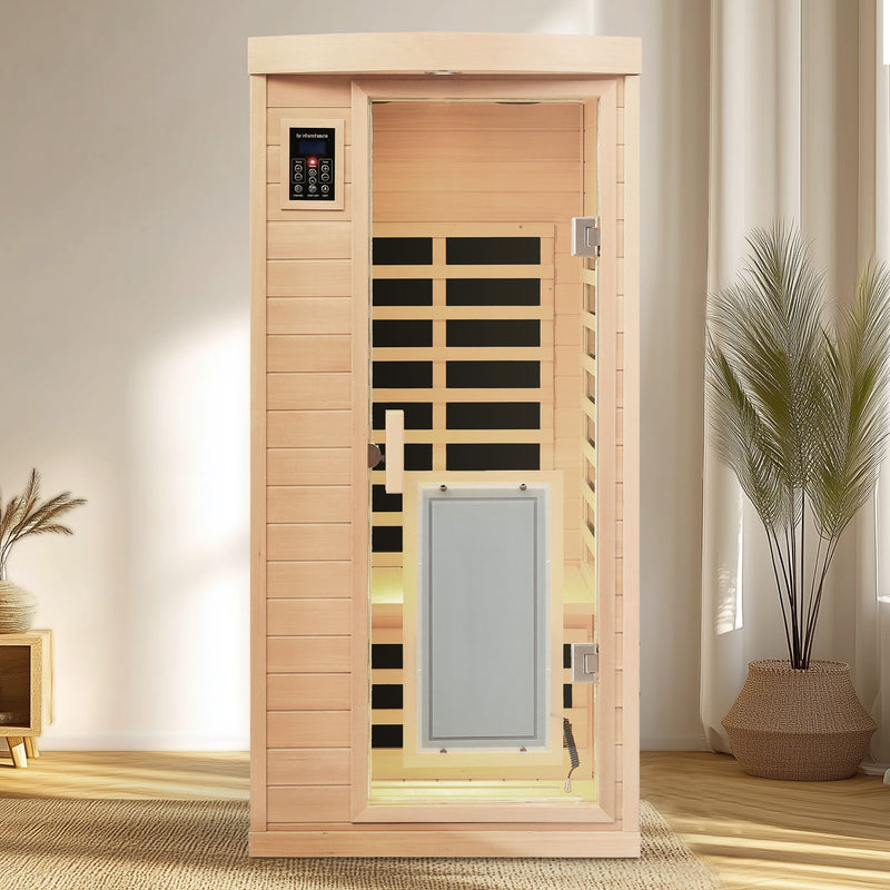 Low Emf Front Door With Heating Panel 1 People Hemlock Far Infrared Indoor Sauna Room - Natural