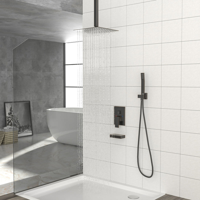 Shower System With Waterfall Tub Spout And 12" Ceiling Mount Square Shower Head - Oil-Rubbed Bronze