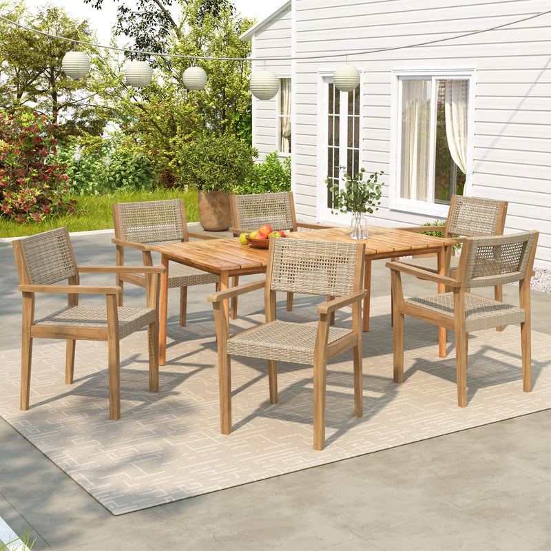 Amaris Outdoor Patio 7Pcs Acacia Wood Dining Set With Faux Wicker Chairs In Teak