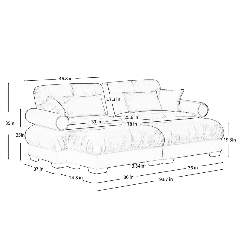 Modern Sectional Sofa With Ottoman, Round Bolster Armrests, Waist And Throw Pillows