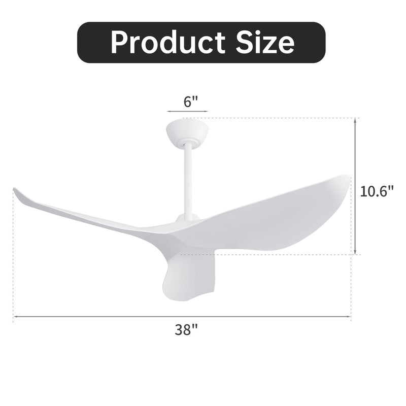 Ceiling Fan Without Light, DC Motor Remote Control Fan For Indoor / Outdoor Use - White