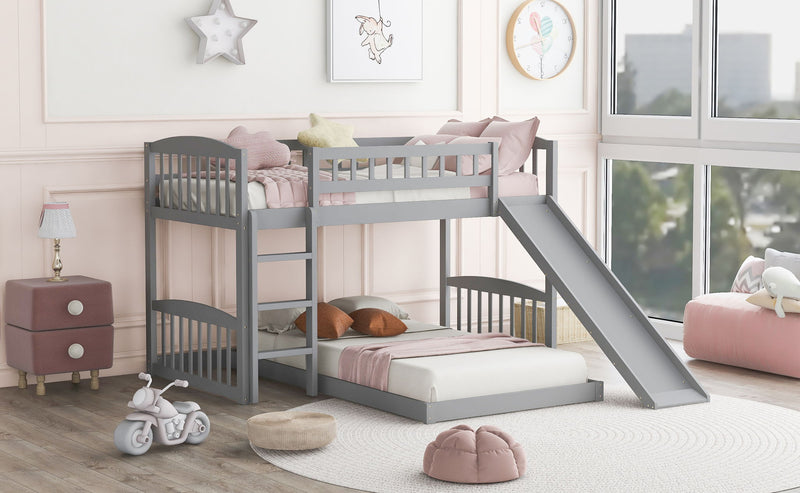 Twin Over Twin Classic Bunk Bed With Slide And Ladder - Gray