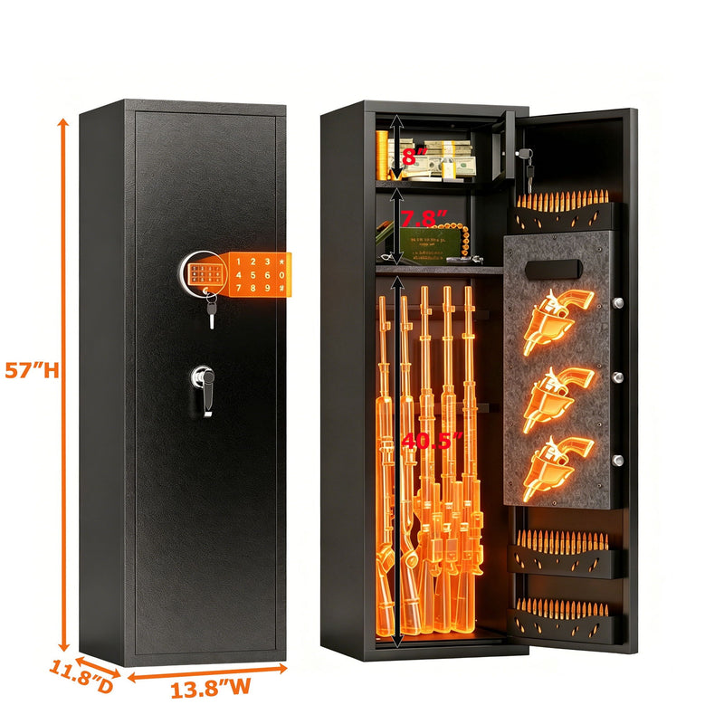 Large Capacity Mechanical Gun Safe For Rifles & Handguns, Digital Password Lock, Built In Independent Lock Box, Adjustable Shelves - Black