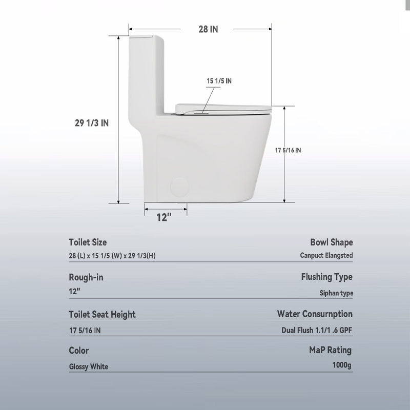 Upgraded Design Armrest, With Glossy Gw 007 1 Piece Toilet With Tornado Flush, Soft Close Seat, Dual Flush Map 1000G, Comfort Chair Seat - Gloss White