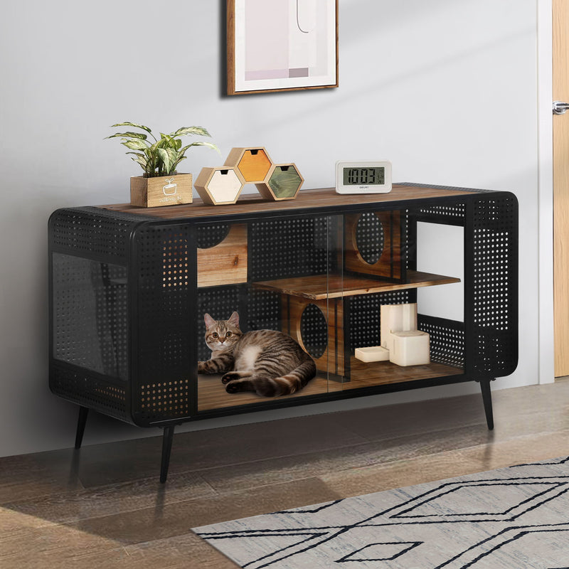 Modern Spacious Cat House With Tempered Glass And Iron Frame For Living Room - Black / Brown