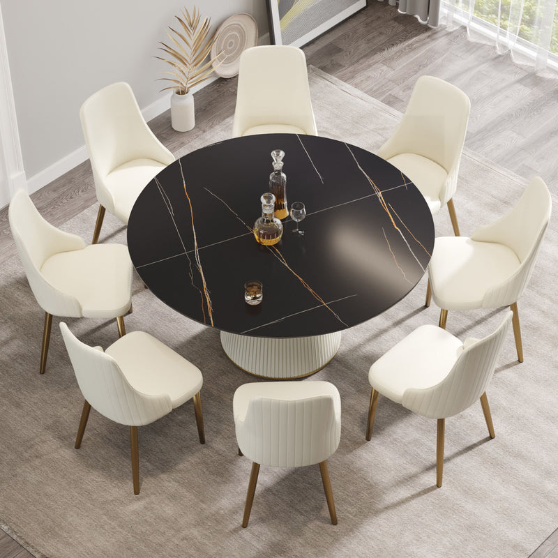 Modern Artificial Stone Round Plywood Base Dining Table, Can Accommodate 8 People, (Not Including Chairs) - Black / Beige