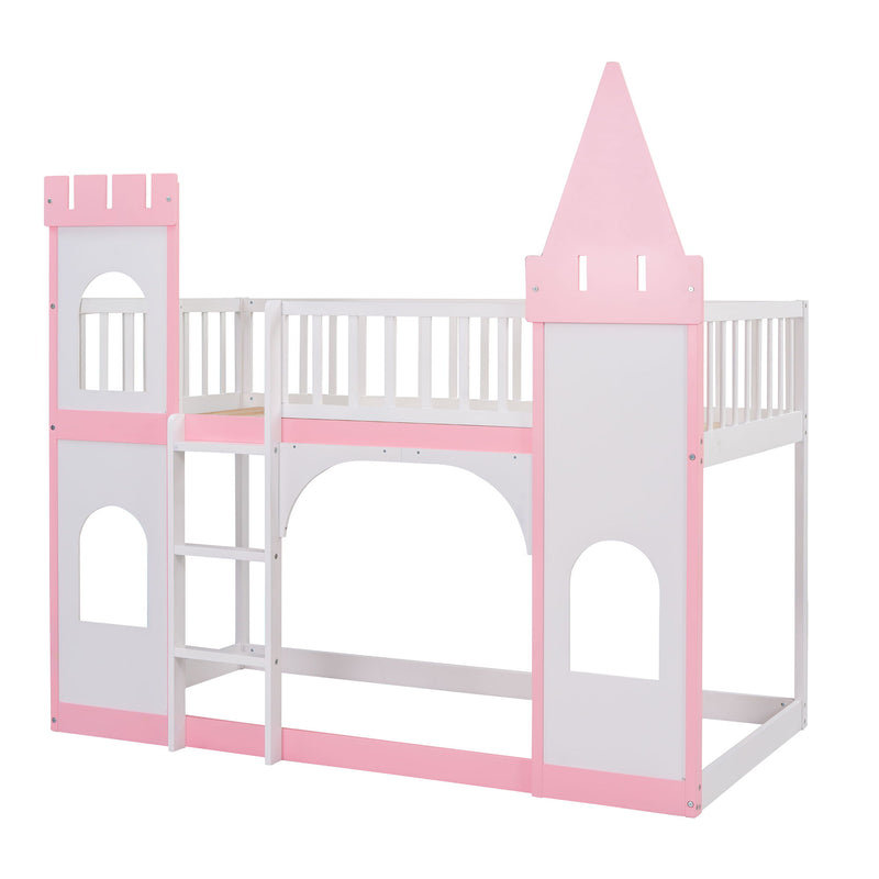 Twin Over Twin Castle Bunk Bed With Ladder - Pink