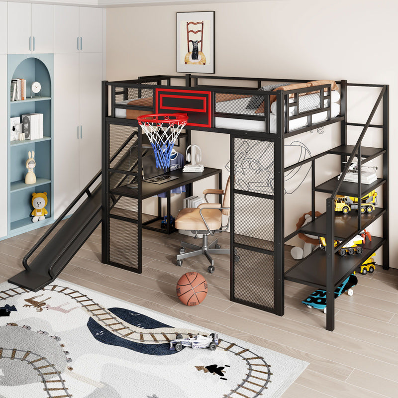 Loft Bed With Built In Desk, Open Wardrobe, Basketball Hoop, Slide And Staircase