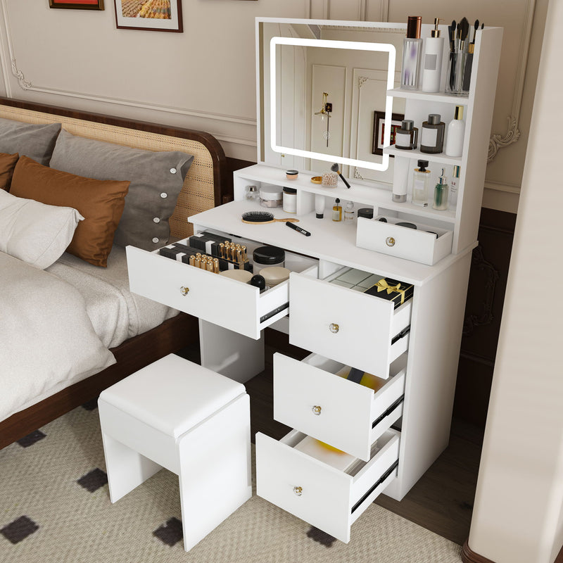 Vanity Desk With Mirror, 3 Color Lighting And Stool