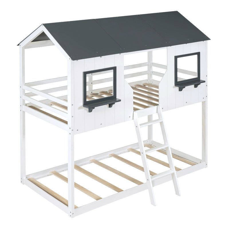 Twin Over Twin Bunk Bed With Roof, Window, Guardrail, Ladder