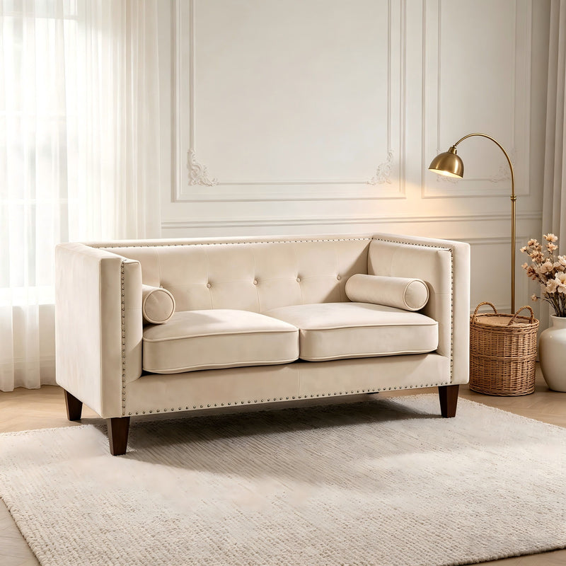 Button Tufted Square Arm Loveseat Sofa With Nailhead Trim, Upholstered 2 Seater Couch - Ivory