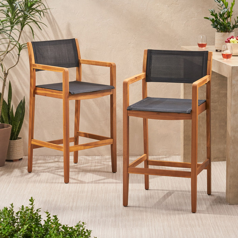 Outdoor Barstool With Woven Wicker And Frame (Set of 2) - Teak