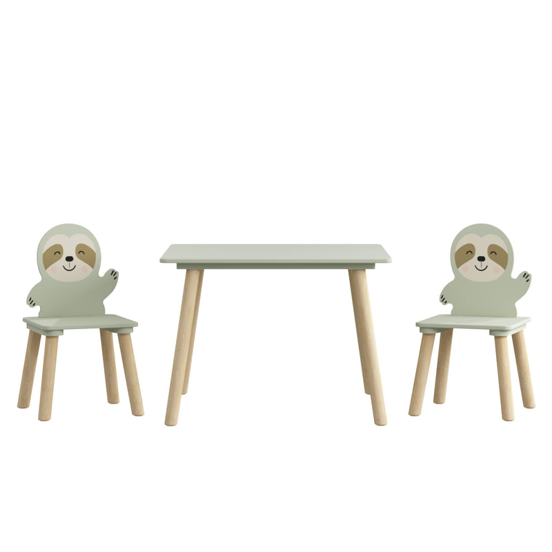 Sloth Themed Table And Chair Set With 2 Cute Animal Chairs - Natural Wood / Sage Green