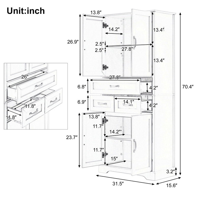 Tall Bathroom Storage Cabinet With 4 Doors 3 Drawers Adjustable Shelves - White