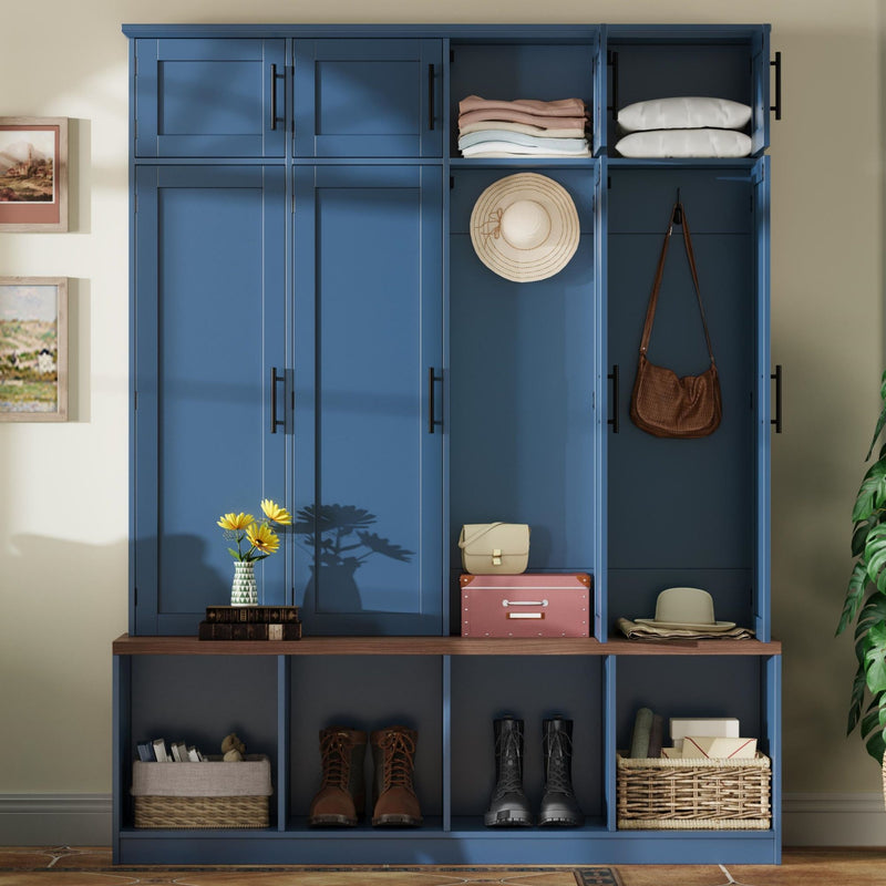 Farmhouse Hall Tree With 4 Hidden Hanging Hooks And 8 Doors