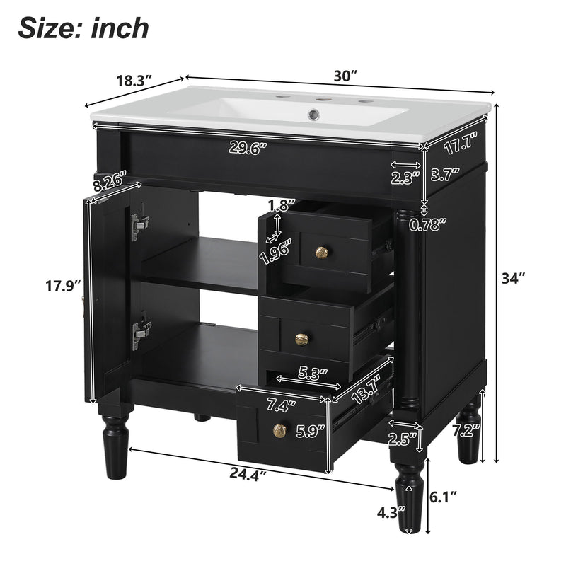 Bathroom Vanity With Ceramic Sink, 2 Doors 3 Drawers, Soft Close Design