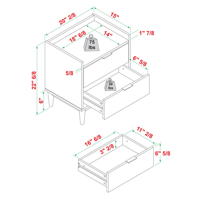 Modern 2 Drawer Nightstand - Natural Pine