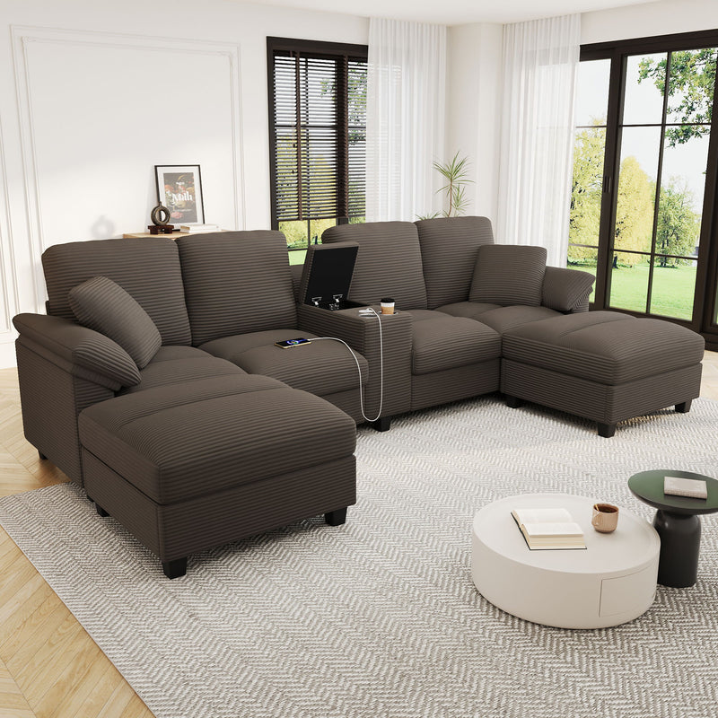 Modern U - Shaped Sectional Sofa With Storage Ottomans, USB Ports, And Cup Holders