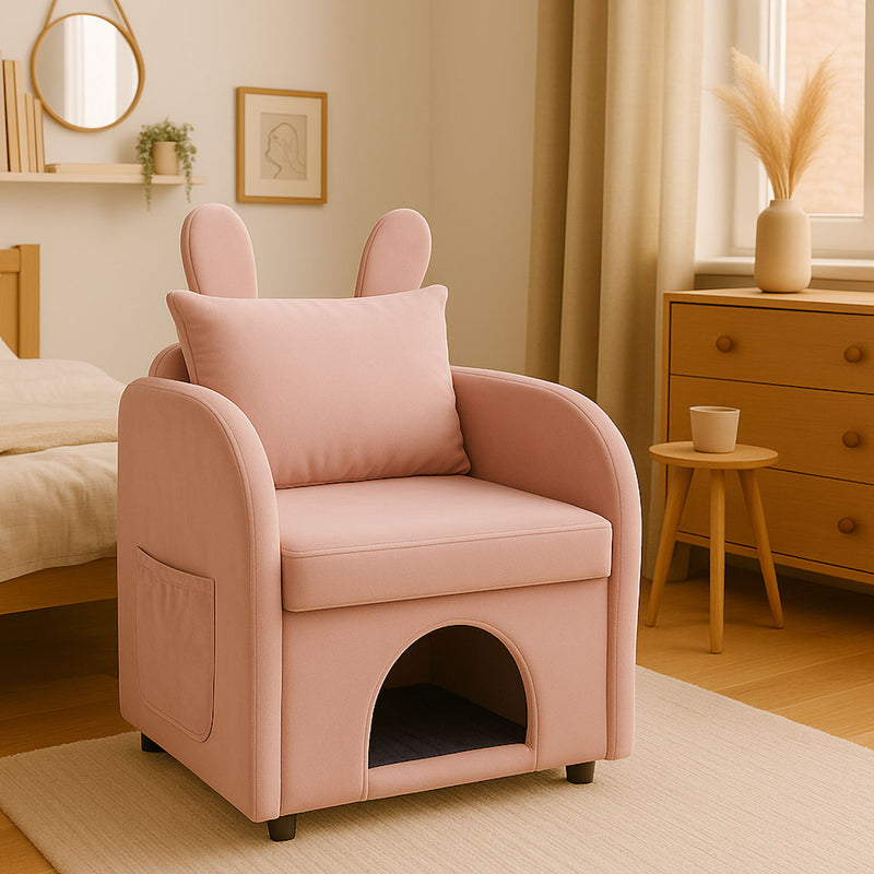 Bunny Ear Pet Friendly Armchair With Hidden Pet House With Storage Pocket For Bedroom & Living Room - Pink