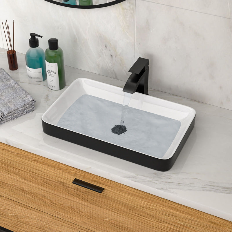 Semi Recessed Bathroom Sink With Vessel Design, Durable Glazed - White / Black