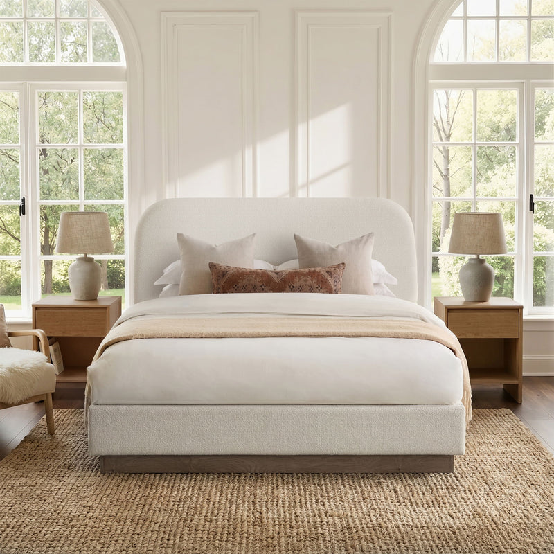 Linton - Queen Size Upholstered Platform Bed - Cream White / Light Grey / Camel Oak