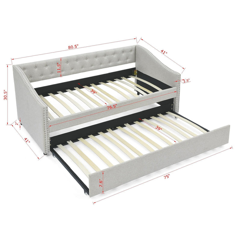 Upholstered Tufted Daybed With Drawers, Waved Arms