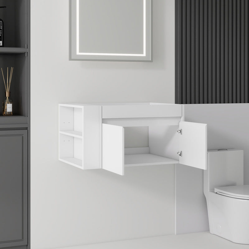 Floating Bathroom Vanity Cabinet, Soft Close Double Drawers, Open Side Storage, Wall Mounted, Cabinet Only