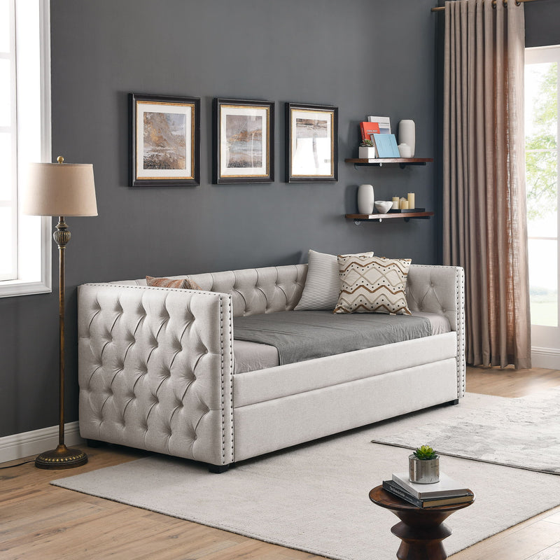 Inspired Upholstered Daybed With Trundle, Button Tufted