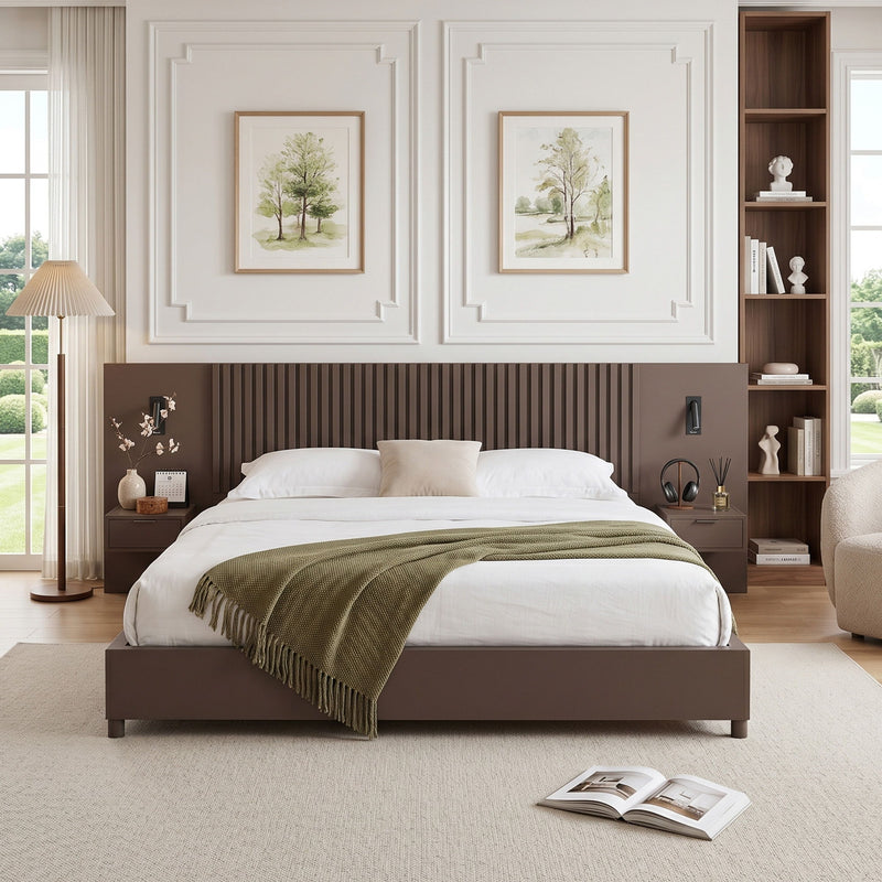 Platform Bed Frame With Built In Nightstands & Reading Lights
