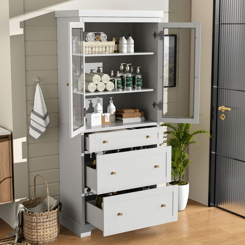 Freestanding Tall Bathroom Cabinet With Adjustable Shelves, Drawers, Soft Close Glass Doors