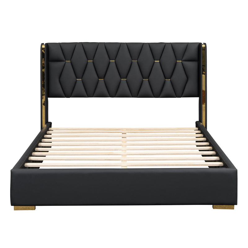 Upholstered Platform Bed With Strips - Black