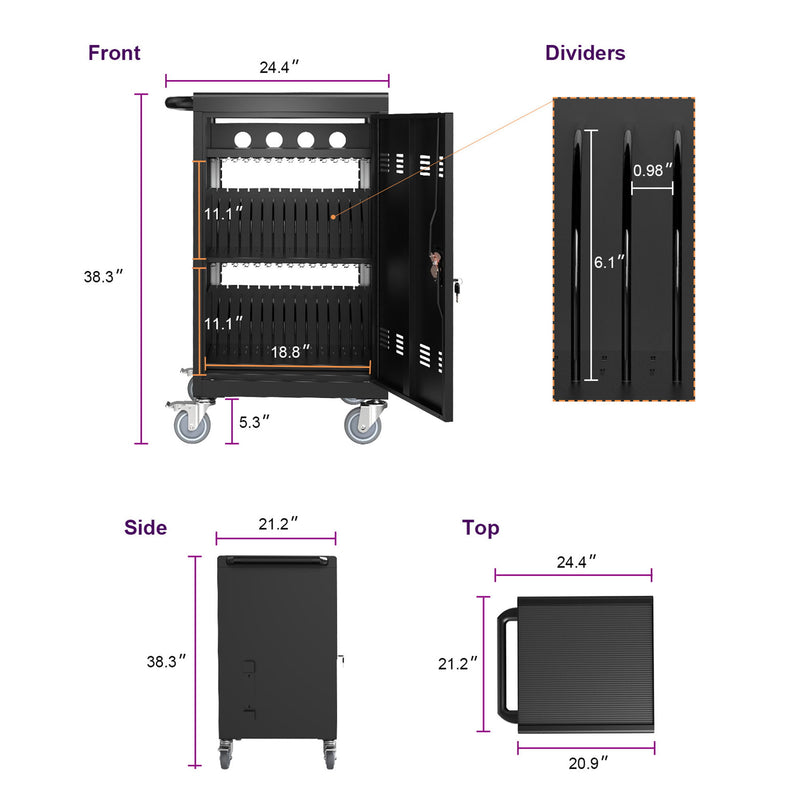 Mobile Charging Cart And Cabinet For Tablets Laptops 32-Device - Matt Black