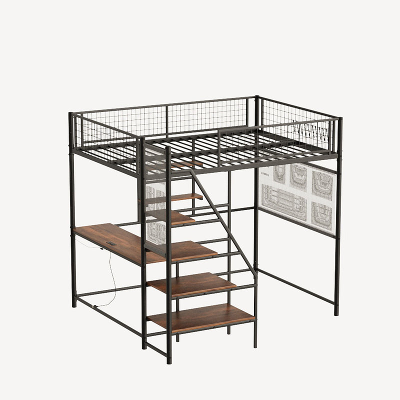 Metal Loft Bed With Built - In Charging Station And LED Light