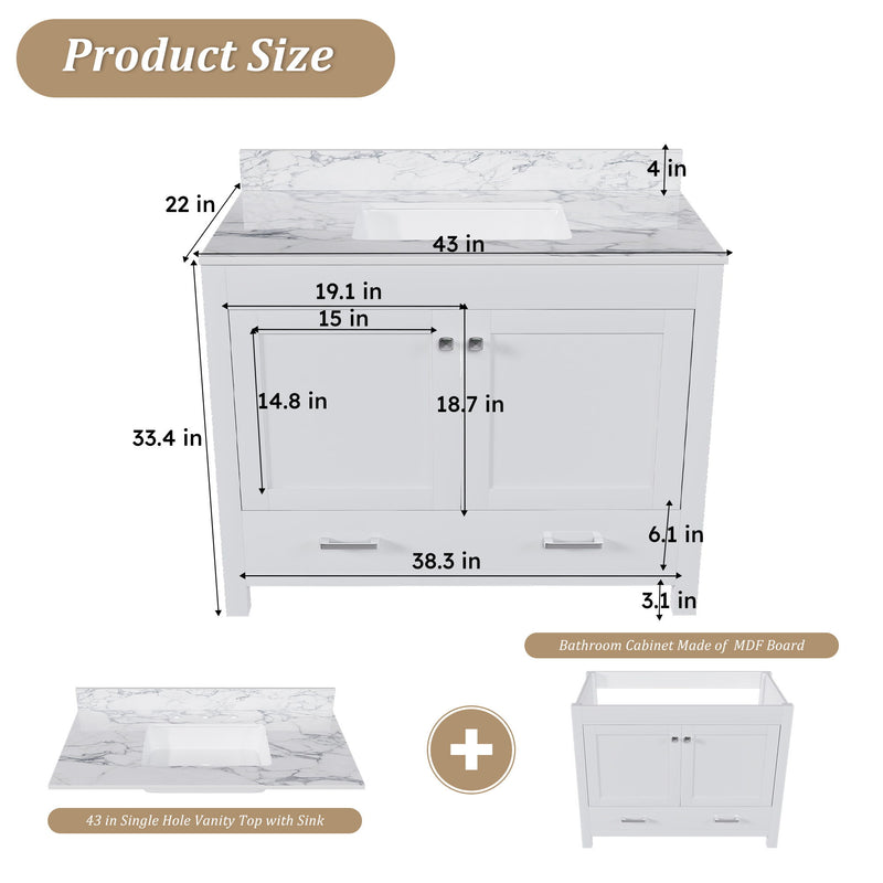 43" Bathroom Vanity, Multi Functional Cabinet - White